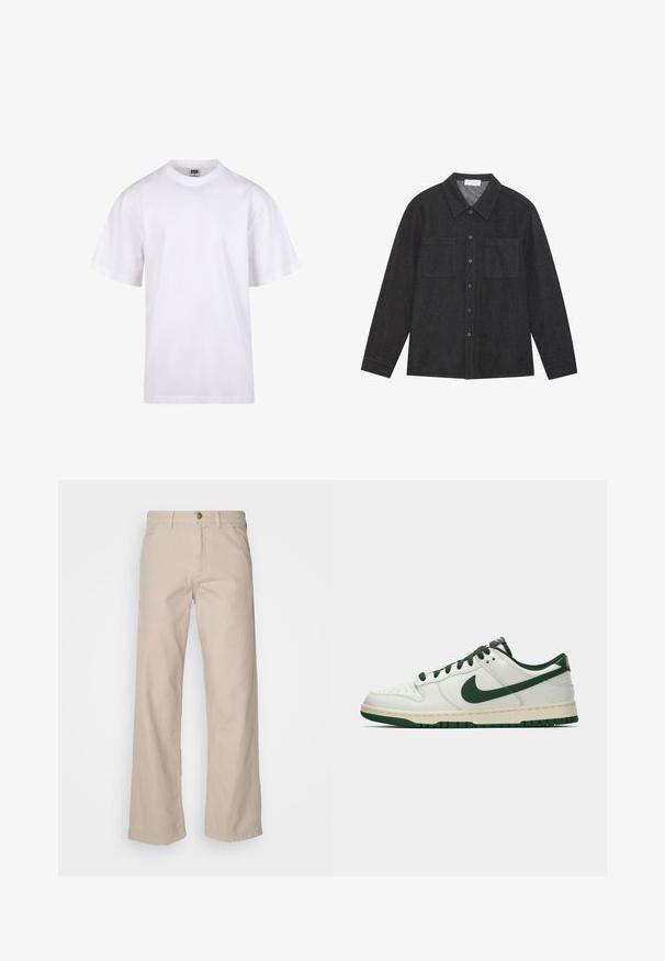 Tricou alb din bumbac, cu guler rotund, mâneci scurte și croială lejeră. Dispune de un design simplu, fără modele sau accente.; Cămașă gri închis, dintr-un material texturat, cu guler ascuțit, închidere cu nasturi și două buzunare pe piept. Mâneci lungi cu mansete închise cu nasturi.; Pantaloni din bumbac bej, cu croială largă, având cinci buzunare, închidere cu nasture și curea; textură netedă cu tăietură dreaptă și tiv.; Adidași albi cu vârf jos, având swoosh-ul Nike în verde închis, șireturile și accentele tălpii, prezentați în profil pe un fundal alb simplu.
