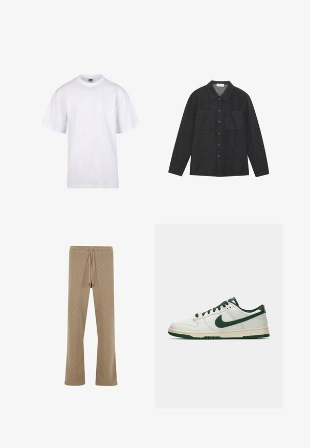 White cotton t-shirt with a crew neckline, short sleeves, and a relaxed fit. Features plain design without patterns or accents.; Dark gray shirt made of textured fabric, featuring a pointed collar, button front, and two chest pockets. Long sleeves with buttoned cuffs.; Beige textured pants with an elastic waistband, drawstring closure, and a relaxed fit, featuring a subtle geometric pattern.; White low-top sneaker with dark green Nike swoosh, laces, and sole accents, shown in profile on a plain white background.