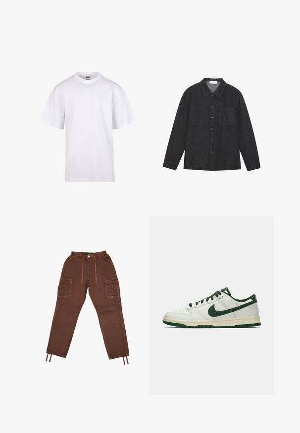 Witte katoenen t-shirt met een ronde hals, korte mouwen en een relaxte pasvorm. Heeft een eenvoudig ontwerp zonder patronen of accenten.; Donkergrijze shirt van gestructureerde stof, met een puntige kraag, knoopsluiting aan de voorkant en twee borstzakken. Lange mouwen met knoopmanchetten.; Bruine cargobroek met een elastische tailleband, twee grote zijzakken, verstelbare zoom met trekkoord en een gladde textuur. Voorzien van een knoopsluiting.; Witte lage sneakers met een donkergroene Nike swoosh, veters en accentkleuren op de zool, weergegeven in profiel op een effen witte achtergrond.