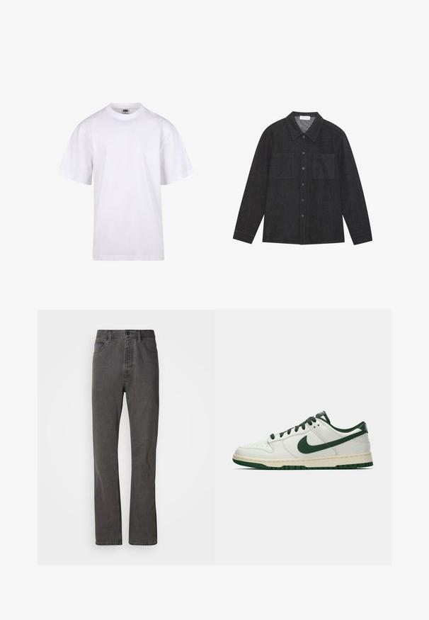 Valge puuvillane t-särk ümmarguse kaeluse, lühikeste varrukate ja lõdva lõikega. Omab lihtsat disaini ilma mustrite või aktsendita.; Tumehall särk, mis on valmistatud tekstuurilisest kangast, millel on terav krae, nööpide eesmine osa ja kaks rinna taskut. Pikailevusega varrukad, millel on nööpidega mansetid.; Hallhallaste denim püksid sirge jala kujundusega, esipocketite, nupulukuga ja peene tekstuuriga.; Valge madalate tossudega, millel on tumeroheline Nike Swoosh, paelad ja tallakatted, esitatud külgmises vaates ühtlasel valgel taustal.