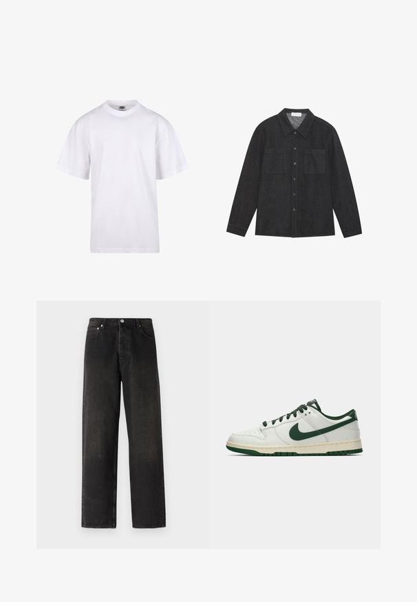 Witte katoenen t-shirt met een ronde hals, korte mouwen en een relaxte pasvorm. Heeft een eenvoudig ontwerp zonder patronen of accenten.; Donkergrijze shirt van gestructureerde stof, met een puntige kraag, knoopsluiting aan de voorkant en twee borstzakken. Lange mouwen met knoopmanchetten.; Zwarte denim jeans met een recht model, voorzien van een vijf-pocketstijl, een messing knoop en subtiele textuurvariaties op de stof.; Witte lage sneakers met een donkergroene Nike swoosh, veters en accentkleuren op de zool, weergegeven in profiel op een effen witte achtergrond.