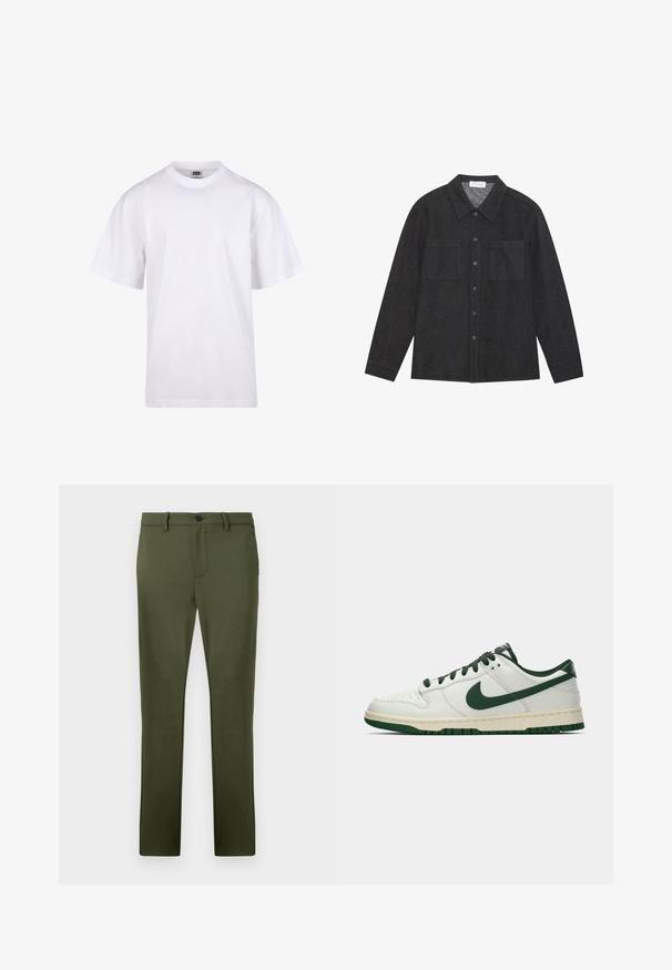 Balta medvilnės marškinėliai su apvaliu iškirpimu, trumpomis rankovėmis ir laisvu siluetu. Turi paprastą dizainą be raštų ar akcentų.; Tamsiai pilka marškiniai, pagaminti iš tekstūruoto audinio, su smailiu apykakle, mygtukų uždarymu ir dviem krūtinės kišenėmis. Ilgos rankovės su mygtuku užsegamais manžetais.; Olive spalvos kelnės, pagamintos iš lygaus audinio, su tiesiu kirpimu, priekinėmis kišenėmis ir vienu sagčių uždarymu. Minimalistinio dizaino detalės.; Balti žemi sportbačiai su tamsiai žaliu Nike swoosh, raišteliais ir padu, rodomi šoniniame profilyje ant baltos fono.