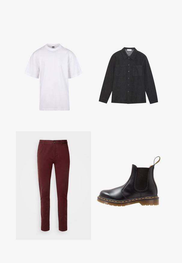 Bela bombažna majica s krojem na vratu, kratkimi rokavi in ohlapnim fitom. Ima enostaven dizajn brez vzorcev ali dodatkov.; Temno siva srajca iz teksturirane tkanine, z usklikanim ovratnikom, gumbom na sprednji strani in dvema žepoma na prsih. Dolgi rokavi z gumbi na manšetah.; BOSS SLIM - Hlače chino - dark red; Črne usnjene Chelsea škornje z elastičnimi stranskimi paneli, rumenim šivom in teksturiranim gumijastim podplatom. Imajo zanko za enostavno obuvanje.