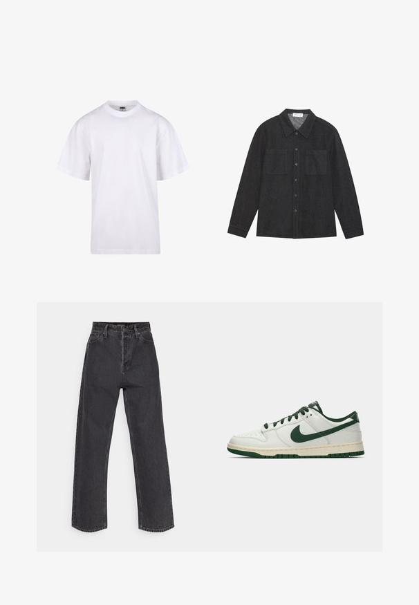 Bijela pamučna majica s okruglim izrezom, kratkim rukavima i opuštenim krojem. Ima jednostavan dizajn bez uzoraka ili akcenta.; Tamno siva košulja od teksturirane tkanine, s oštrim kragnom, dugim rukavima i zakopčavanjem sprijeda, te dva džepa na prsima. Rukavi su dugi i završavaju s dugmadima.; Traperice visoki struk, ravne nogavice u tamnosivoj boji s klasičnim dizajnom pet džepova i kontrastnim šavovima.; Bjele tenisice niskog profila s tamnozelenim Nike swooshom, vezicama i naglascima na đonu, prikazane u profilu na jednostavnoj bijeloj pozadini.