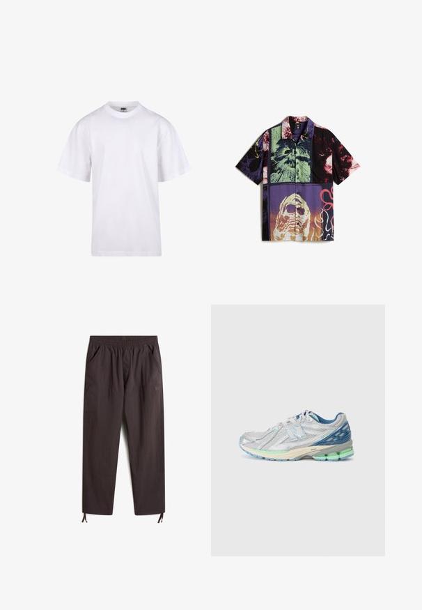 Hvid bomulds T-shirt med rund halsudskæring, korte ærmer og en afslappet pasform. Har et enkelt design uden mønstre eller dekorationer.; Kortærmet skjorte med et multikolorert abstrakt grafisk design med forskellige mønstre, overvejende mørke farver og knaplukning foran.; Mørkebrune, lette bukser med elastisk talje, to sidelommer, tapered ben og justerbare snore ved manchetterne.; Sølv løbesko med mesh-overdel, blå accenter og en polstret sål med grønne detaljer. Let og åndbar design.