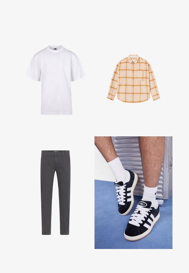 Hvid bomulds T-shirt med rund halsudskæring, korte ærmer og en afslappet pasform. Har et enkelt design uden mønstre eller dekorationer.; Langærmet plaidskjorte i beige med gule og brune tern, knappesystem, enkelt brystlomme, lavet af et tekstureret stof.; Grå, slim-fit bukser lavet af blød bomuld. Har en knaplukning, bæltestropper og et rent, strømlinet design. Ingen synlige mønstre.; Sorte ruskinds sneakers med hvide snørebånd og tre hvide striber. Har et rundt sort logo på tungen og en gummigummisål.