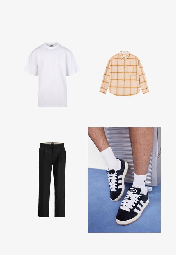Camiseta blanca de algodón con cuello redondo, mangas cortas y un corte relajado. Presenta un diseño liso sin patrones ni detalles.; Camisa de cuadros de manga larga en beige con cuadros amarillos y marrones, diseño de botones, un bolsillo en el pecho, hecha de una tela texturizada.; Pantalones negros ajustados con una parte delantera plana, dos bolsillos laterales, una textura suave y un corte recto. Cuenta con lazos para cinturón para un estilo adicional.; Zapatillas de ante negras con cordones blancos y tres rayas blancas. Presentan un logotipo circular negro en la lengüeta y una suela de goma color caramel.