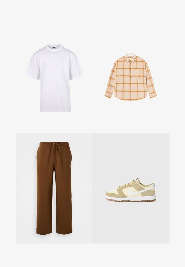 Balts kokvilnas T-krekls ar apaļu kakla izgriezumu, īsām piedurknēm un brīvu piegriezumu. Tam ir vienkāršs dizains bez rakstiem vai akcentiem.; Beigā krāsā ar dzelteniem un brūniem rūtiņām, garās piedurknes kreklā, ar pogu aizdari, viena krūšu kabata, izgatavots no teksturētas auduma.; Brachas sporta bikses, kas izgatavotas no mīkstas auduma, ar elastīgu jostu un virvi, sānu kabatām un baltu logo kreisajā pusē.; Nike kedas ar gaiši dzeltenu un pelēkbrūnu zamšas maisījumu, baltām detaļām un gumijas zoli, zemu apavu dizainu un šņorēšanu priekšpusē.