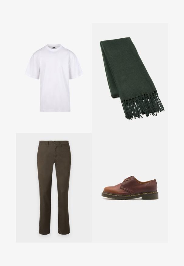 T-shirt en coton blanc avec un col rond, des manches courtes et une coupe décontractée. Présente un design uni sans motifs ni accents.; Jeune homme aux cheveux bouclés portant une chemise à carreaux rouges sur un débardeur blanc, un pantalon noir, avec des tatouages visibles au cou et aux mains, et des bagues en argent.; Pantalons marron foncé en mélange de coton. Présentent une fermeture à bouton, un design à jambes droites et une texture subtile sans motifs ni embellissements visibles.; Chaussure en cuir marron avec une finition lisse, bout rond et laçage à cinq œillets. Présente des coutures jaunes le long de la semelle et un talon texturé.; Écharpe vert foncé en tissu doux, avec un design épuré et des bords à franges pour plus de texture.