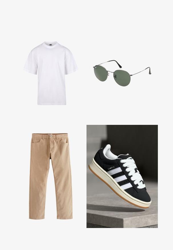 Weißes Baumwoll-T-Shirt mit Rundhalsausschnitt, kurzen Ärmeln und lockerer Passform. Hat ein schlichtes Design ohne Muster oder Akzente.; Next Authentic Stretch - Jeans Straight Leg - wheat; Schwarzer Sneaker mit weißen Streifen, Schnürdesign, strukturiertem Obermaterial und Gummisohle. Verfügt über das "CAMPUS"-Logo an der Seite und eine Gummilaufsohle.; Metallgestellte Sonnenbrille mit ovalen grünen Gläsern. Dünner silberner Metallrahmen und schwarze Ohrstücke. Minimalistisches Design, keine sichtbaren Logos.