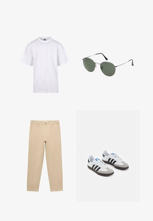 Bijela pamučna majica s okruglim izrezom, kratkim rukavima i opuštenim krojem. Ima jednostavan dizajn bez uzoraka ili akcenta.; Bež pamukove chinos hlače ravnog kroja, s prednjim kopčanjem na dugme, pojasnim petljama i dva bočna džepa. Gladak materijal.; Sportske cipele s gornjištem od bijele kože, sivi suedinasti nos i tri crne pruge. Imaju plavi logo na jeziku i teksturiranu gumenu podlogu.; Naočale s metalnim okvirom i ovalnim zelenim staklima. Tanka srebrna metalna konstrukcija i crni silikonski jastučići za uši. Minimalistički dizajn, bez vidljivih logotipa.