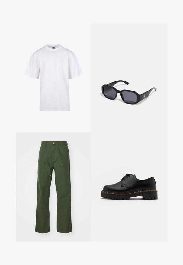 Valge puuvillane t-särk ümmarguse kaeluse, lühikeste varrukate ja lõdva lõikega. Omab lihtsat disaini ilma mustrite või aktsendita.; Roheline puuvillane püksid sirge lõikega, ees ja taga on taskud, kuldse tooni detailid ja tugevdatud põlvekatted.; Must musta lesti kingad ümarate varvastega, tekstureeritud kummitald ja kollane õmblus aluse ääres. Lame disain ja sile viimistlus.; Mustad prillid, millel on oktagonaalne raam, tumedad läätsed, läikiv plastmaterjal ja hõbedane logo aksent ühel küljel.