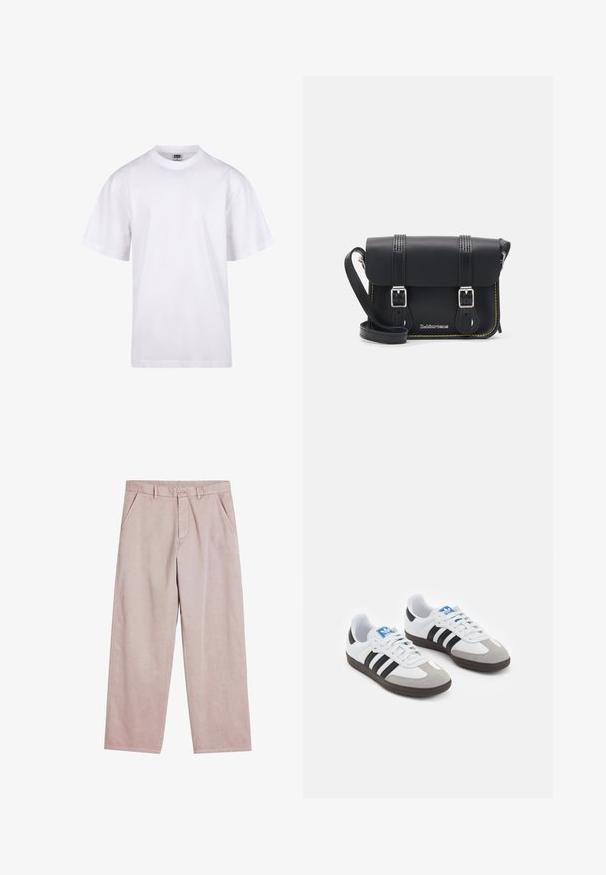Bijela pamučna majica s okruglim izrezom, kratkim rukavima i opuštenim krojem. Ima jednostavan dizajn bez uzoraka ili akcenta.; Svijetlo ružičaste hlače širokih nogavica od mekog materijala, s prednjim džepovima i zatvaranjem na gumbe, s suptilnim detaljima šivanja.; Sportske cipele s gornjištem od bijele kože, sivi suedinasti nos i tri crne pruge. Imaju plavi logo na jeziku i teksturiranu gumenu podlogu.; Crna kožna torbica preko tijela s preklopom, dva srebrna kopčanja, žutim šavovima i podesivim remenom. Ima glatku teksturu i kompaktan dizajn.