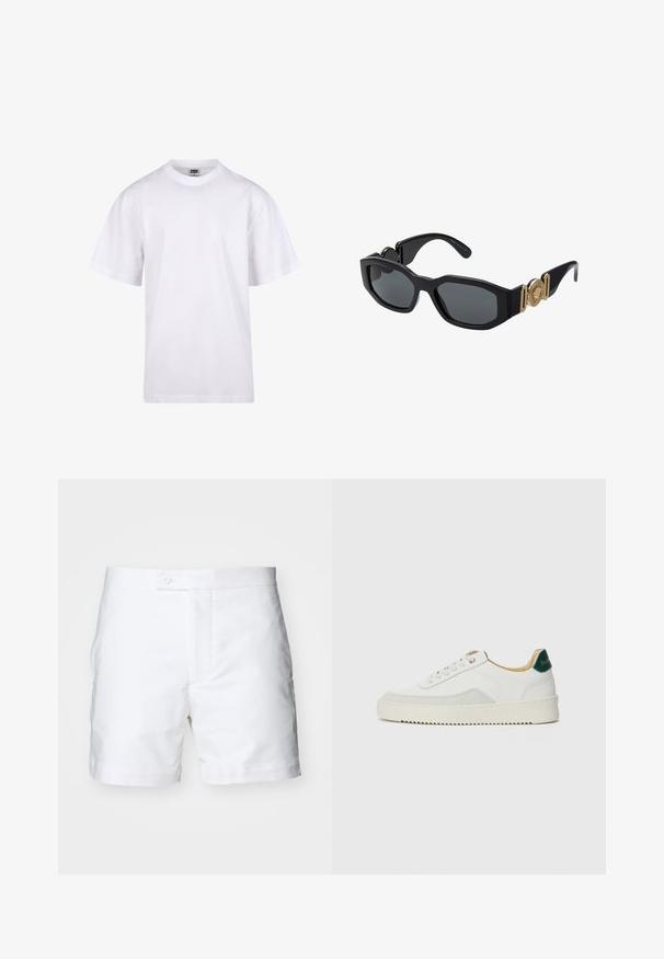 Hvit bomulls t-skjorte med rund hals, korte ermer og avslappet passform. Har et ensfarget design uten mønstre eller detaljer.; Hvite bomullsshorts med rett snitt, to sidelommer, knappelukking og en ren, jevn tekstur. Kantene er pent avsluttet og brettet.; Hvit sneakers med semsket detaljer, rund tå, flate snøringer og en kremfarget gummisåle. Har grønn merking på hælen.; Sorte solbriller med en kraftig geometrisk ramme, mørke linser og gylne metallakenter på stengene, med et rundt emblem detaljer.
