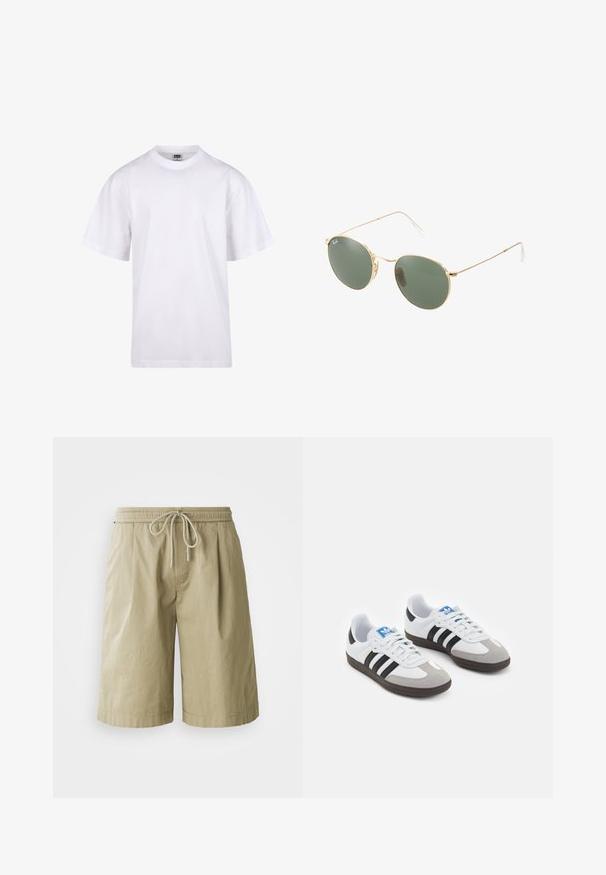 Witte katoenen t-shirt met een ronde hals, korte mouwen en een relaxte pasvorm. Heeft een eenvoudig ontwerp zonder patronen of accenten.; Beige katoenen shorts met een elastische tailleband en trekkoord. Voorzien van zijzakken en een relaxte, rechte pasvorm.; Sportschoenen met een witte leren bovenkant, grijze suède neus en drie zwarte strepen. Bevat een blauw logo op de tong en een gestructureerde rubberen zool.; Gouden metalen zonnebril met groene lenzen, ronde vorm, dunne pootjes en witte plastic accenten op de uiteinden van de steunen.