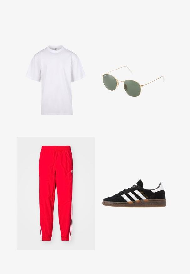 Hvit bomulls t-skjorte med rund hals, korte ermer og avslappet passform. Har et ensfarget design uten mønstre eller detaljer.; Røde treningsbukser med elastisk liv, hvite striper på sidene, og en liten hvit logo på venstre lår.; Sorte Adidas sneakers med hvite striper, gull "Spezial" tekst, gummisåle og hvit hælklaff, vist fra profil.; Gullmetalramme solbriller med grønne linser, rund form, tynne stenger og hvite plastdetaljer på tuppene av armene.