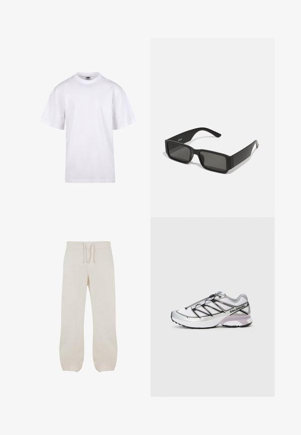 Valkoinen puuvillapaita, jossa on pyöreä kaula-aukko, lyhyet hihat ja rento leikkaus. Ominaisuuksina yksinkertainen muotoilu ilman kuvioita tai yksityiskohtia.; Vaaleanbeige pellavahousut, joissa on joustava vyötärö ja kiristysnyöri. Suora lahje, jossa on sileä pinta ja pieni kapeneminen nilkoissa.; Juoksukengät, joissa on kevyt, valkoinen verkkomateriaali, hopeiset yksityiskohdat ja musta nauhoitusjärjestelmä; sisältää rakenteellisen pohjan pitoa varten.; Musta aurinkolasit suorakulmaisine linsseineen, matasta muovista valmistettu kehys ja suorat reunat. Sisähaara on varustettu merkkilogolla.