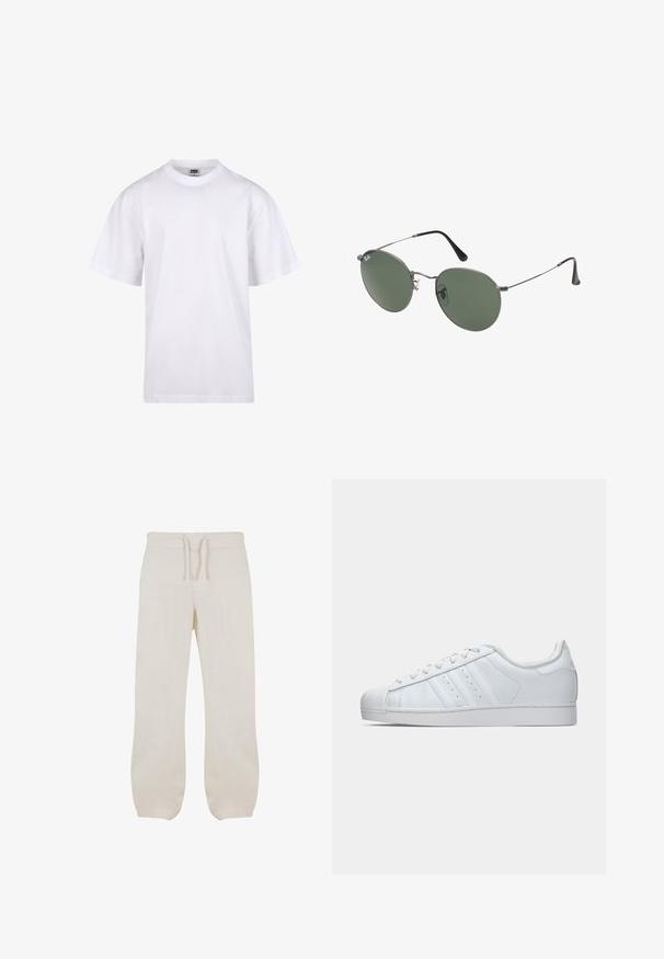 T-shirt bianca in cotone con scollatura a girocollo, maniche corte e vestibilità rilassata. Presenta un design semplice senza motivi o accenti.; Pantaloni in lino beige chiaro con vita elastica e cordoncino. Design a gamba dritta con una texture liscia e leggermente affusolata alle caviglie.; Sneaker bianco in pelle con punta in gomma testurizzata, tre strisce laterali e colletto imbottito. Lacci bianchi piatti e design minimal.; Occhiali da sole con montatura in metallo e lenti verdi ovali. Montatura sottile in metallo argento e terminali neri. Design minimalista, senza loghi visibili.