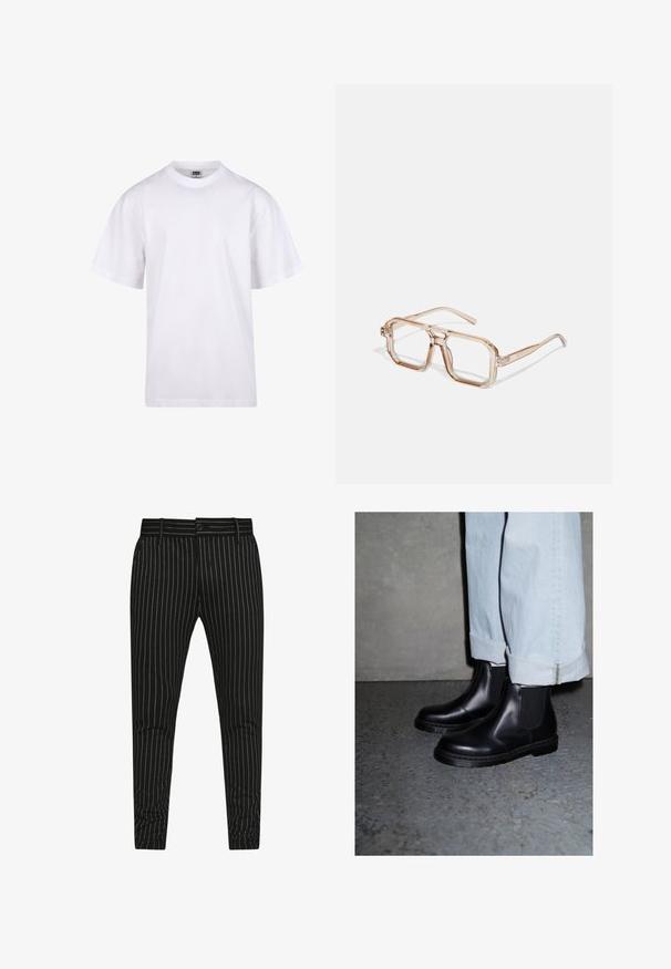 Witte katoenen t-shirt met een ronde hals, korte mouwen en een relaxte pasvorm. Heeft een eenvoudig ontwerp zonder patronen of accenten.; Zwart gestreepte broeken met verticale witte strepen, een slim fit ontwerp en een knoopsluiting met riemlussen voor aanpasbare maat.; Zwarte leren Chelsea-boots met elastische zijpanelen en een gestructureerde rubberen zool, gecombineerd met lichtblauwe denim jeans met omslag.; Transparante hexagonale bril met lichtbruine tinten; dikke, heldere monturen en slanke veren; geen zichtbare logo's of patronen.