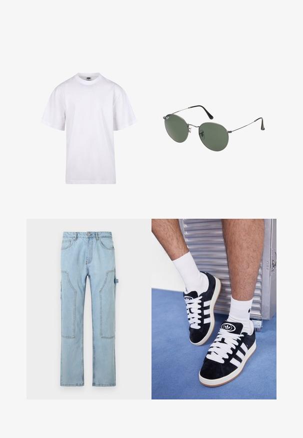 Valge puuvillane t-särk ümmarguse kaeluse, lühikeste varrukate ja lõdva lõikega. Omab lihtsat disaini ilma mustrite või aktsendita.; Heledad sinine teksakangast cargo püksid otse säärega, millel on suured küljetaskud, kontrastne õmblus ja nupuga kinnitamine talje juures.; Mustad nahkjalatsid valgete paelte ja kolme valge triibuga. Omab ümmargust musta logo keele peal ning kummist tallat.; Metallist raamistikuga prillid ovaalsete roheliste läätsedega. Õhuke hõbedane metallraam ja mustad kõrvakatted. Minimalistlik disain, nähtavad logod puuduvad.