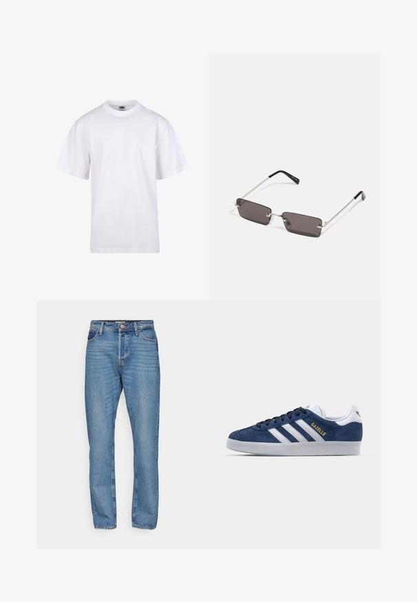 Bílé bavlněné tričko s kulatým výstřihem, krátkými rukávy a volným střihem. Má jednoduchý design bez vzorů nebo akcentů.; Světle modré denimové džíny se střihem rovné nohavice, s knoflíkovým zapínáním, pěti kapsami a jemnými detaily vyblednutí.; Námornické semišové tenisky s bílými koženými akcenty, třemi bílými pruhy a zlatým logem "Gazelle". Kružnicová gumová podrážka, nízký design.; Sluneční brýle s obdélníkovými tmavě šedými skly, stříbrnými kovovými rámy a černými plastovými konci na nožičkách. Lehké provedení s podložkami na nos.
