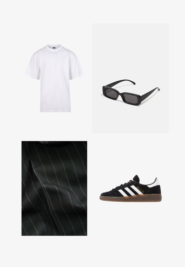Weißes Baumwoll-T-Shirt mit Rundhalsausschnitt, kurzen Ärmeln und lockerer Passform. Hat ein schlichtes Design ohne Muster oder Akzente.; Schwarzer Stoff mit einem Fischgrätmuster und feinen weißen Streifen. Die Textur wirkt glatt mit subtiler Tiefe durch die Webart.; Schwarzer Adidas Sneaker mit weißen Streifen, goldenem "Spezial"-Text, Gummisohle und weißem Fersenbereich, seitliche Ansicht.; Schwarze rechteckige Sonnenbrille mit dunklen Gläsern, glänzender Oberfläche, breiten Bügeln und einem klobigen Rahmen-Design. Gravierter Markenname auf einem Bügel.