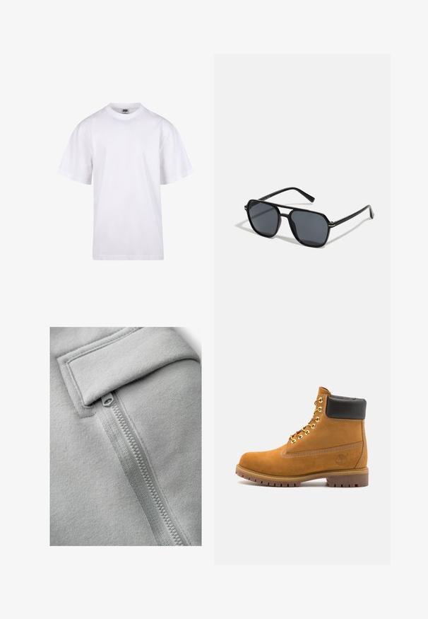 Witte katoenen t-shirt met een ronde hals, korte mouwen en een relaxte pasvorm. Heeft een eenvoudig ontwerp zonder patronen of accenten.; Next UTILITY JOGGERS- REGULAR FIT - Cargobroek - light grey; Tan suède enkelboot met zwart gevoerd kraagje, gouden metalen oogjes, witte stikdetails en een robuuste rubberen zool met uitgesproken profiel.; Zwarte zonnebril met een octagonaal frame, donkere lenzen, glanzende afwerking, dunne tempels en gouden accenten aan de voorkant.