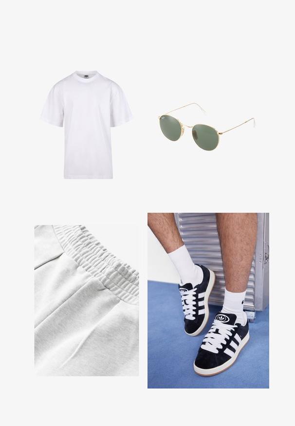 Bela bombažna majica s krojem na vratu, kratkimi rokavi in ohlapnim fitom. Ima enostaven dizajn brez vzorcev ali dodatkov.; Sive bombažne trenirke z elastičnim pasom, ki vsebujejo stranske žepe in mehko teksturirano blago za udobje.; Črne semiš teniske z belimi vezalkami in tremi belimi črtami. Imajo okroglo črno oznako na jezičku in gumijast podplat.; Zlate sončne očala z zelenimi lečami, okrogle oblike, tanke ročice in bele plastične podrobnosti na konicah ročic.