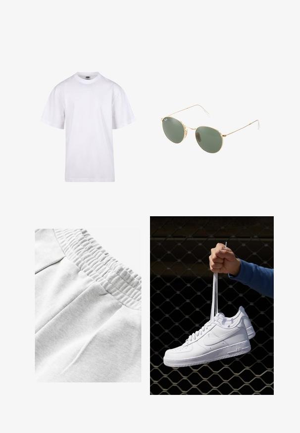 Bela bombažna majica s krojem na vratu, kratkimi rokavi in ohlapnim fitom. Ima enostaven dizajn brez vzorcev ali dodatkov.; Sive bombažne trenirke z elastičnim pasom, ki vsebujejo stranske žepe in mehko teksturirano blago za udobje.; Bela usnjena športna obutev s perforacijami, okroglo konico, ravnim podplatom in debelimi vezalkami, z vidnim logotipom smoosh in napisom "AIR" na peti.; Zlate sončne očala z zelenimi lečami, okrogle oblike, tanke ročice in bele plastične podrobnosti na konicah ročic.