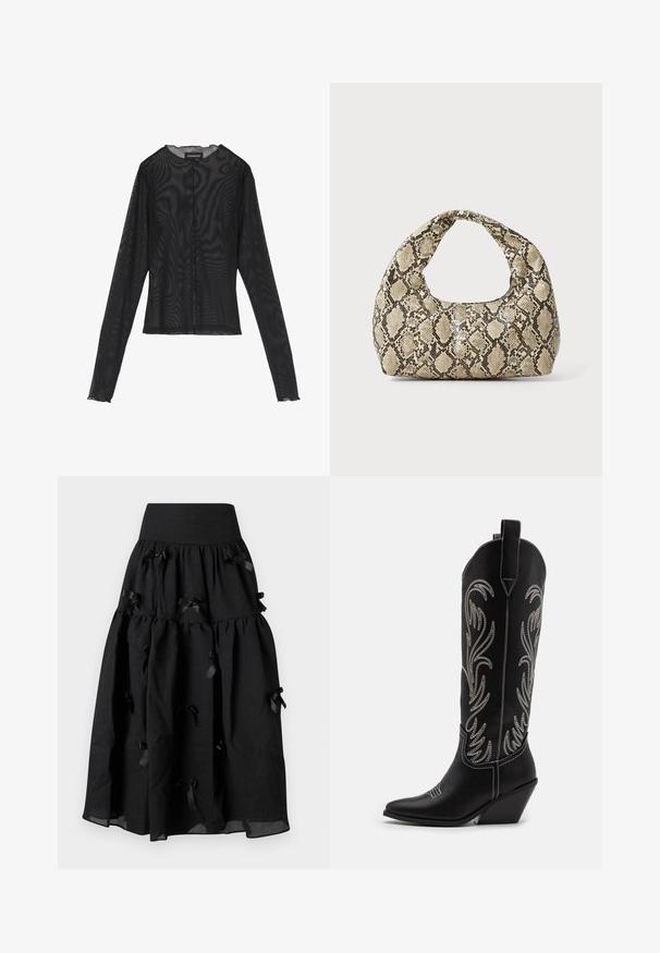 Černý dlouhý rukáv top vyrobený z průsvitné tkaniny, s kulatým výstřihem, předním zapínáním na knoflíky a zvlněnými okraji na manžetách.; Sister Jane BIRDIE BOW MIDI SKIRT - Áčková sukně - black; Černé kožené kovbojské boty s špičatými špičkami, podpatky ve tvaru klínu a stříbrně vyšívanými květinovými vzory po celé délce. Kontrastní prošívání po celém obvodu.; Kabelka s hadím vzorem a zakřiveným držadlem. Vyrobena z texturovaných béžových a hnědých materiálů, s charakteristickým diamantovým vzorem.