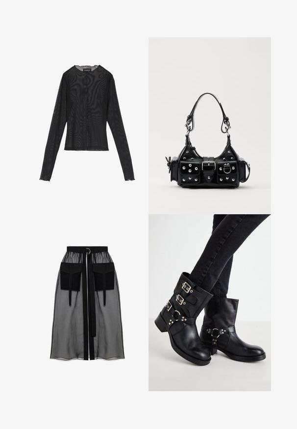Musta pitkähiha toppe, joka on valmistettu läpikuultavasta kankaasta. Siinä on pyöreä pääntie, etupainikkeet ja sahalaitaiset reunat hihoissa.; Musta läpinäkyvä hame, jossa on kerätty vyötärö, kaksi suurta etutaskua, vyönauha ja pyöreä metallikoriste.; Mustat nahkaiset nilkkurit, joissa on kolme solkiyksityiskohtaa, pyöreä kärki ja matala lohkokorko. Suunnittelussa on sileitä ja teksturoidun näköisiä paneeleita.; Musta nahkainen käsilaukku, jossa on kaareva muotoilu, hopeiset niitit, solki ja kaksi sivutaskua. Säädettävä olkahihna erilaisiin kantovaihtoehtoihin.