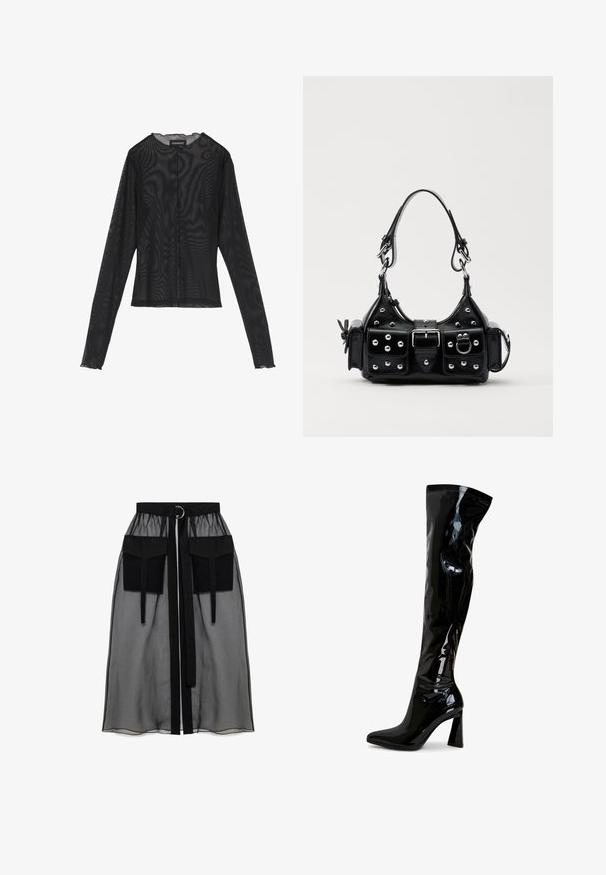 Černý dlouhý rukáv top vyrobený z průsvitné tkaniny, s kulatým výstřihem, předním zapínáním na knoflíky a zvlněnými okraji na manžetách.; Černá průhledná sukně s nařaseným pasem, která má dvě velké přední kapsy, páskový uzávěr a kulatý kovový akcent.; Černé kozačky nad kolena vyrobené z lesklé lakové kůže, s elegantním designem, špičatou špičkou a blokovým podpatkem.; Černá kožená kabelka s křivkovým designem, zdobená stříbrnými hřebíky, s přezkou a dvěma bočními kapsami. Nastavitelný popruh pro různé možnosti nošení.