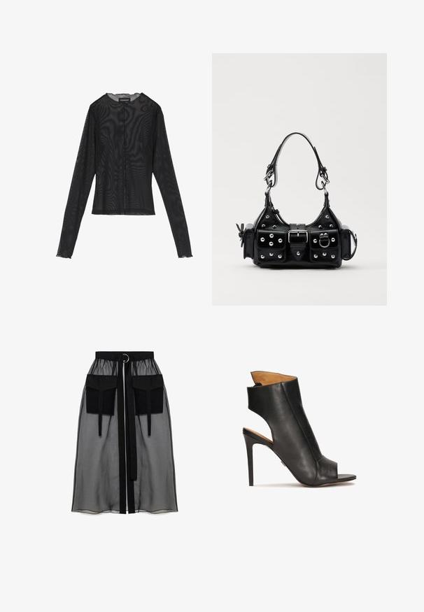 Bluză neagră cu mâneci lungi, realizată din țesătură transparentă, cu un gât rotund, închidere cu butoane pe față și margini de tip evazat la manșete.; Fustă neagră transparentă cu un talie plisată, având două buzunare mari în față, un cordon pentru talie și un accent metalic circular.; Sandalii cu toc înalt din piele neagră, cu vârf deschis și design cu decupaje. Au un toc stiletto și o secțiune conturată pentru glezne.; Geantă de piele neagră cu un design curbat, dotată cu studuri argintii, o cataramă și două buzunare laterale. Curea ajustabilă pentru opțiuni de transport.
