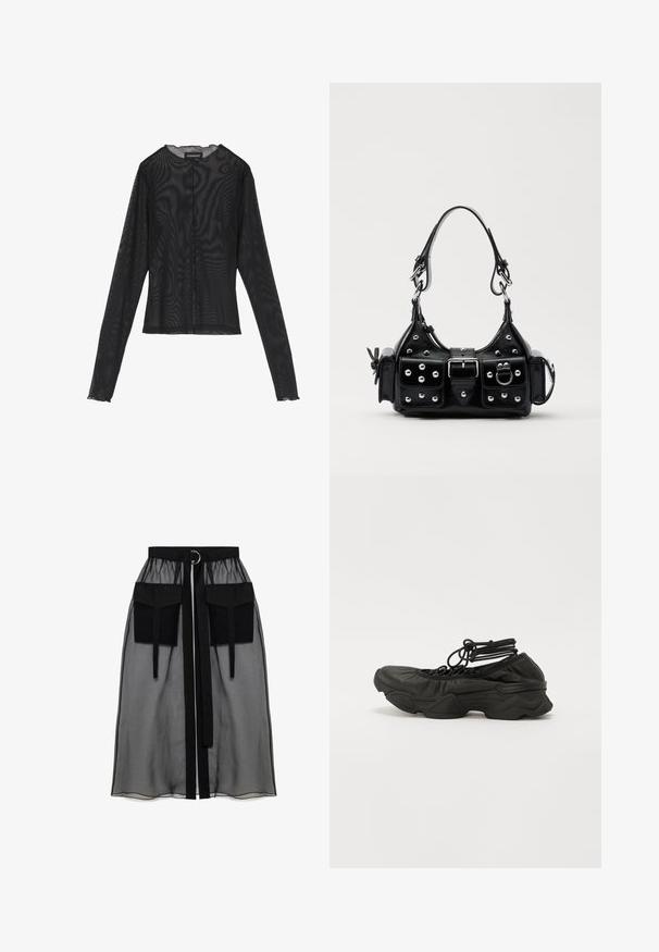 Bluză neagră cu mâneci lungi, realizată din țesătură transparentă, cu un gât rotund, închidere cu butoane pe față și margini de tip evazat la manșete.; Fustă neagră transparentă cu un talie plisată, având două buzunare mari în față, un cordon pentru talie și un accent metalic circular.; Pantof cu aspect sport, de culoare neagră, cu un superior din piele texturată, vârf rotunjit și talpă groasă. Sireturi asigurate cu bucle la gleznă pentru o fixare strânsă.; Geantă de piele neagră cu un design curbat, dotată cu studuri argintii, o cataramă și două buzunare laterale. Curea ajustabilă pentru opțiuni de transport.