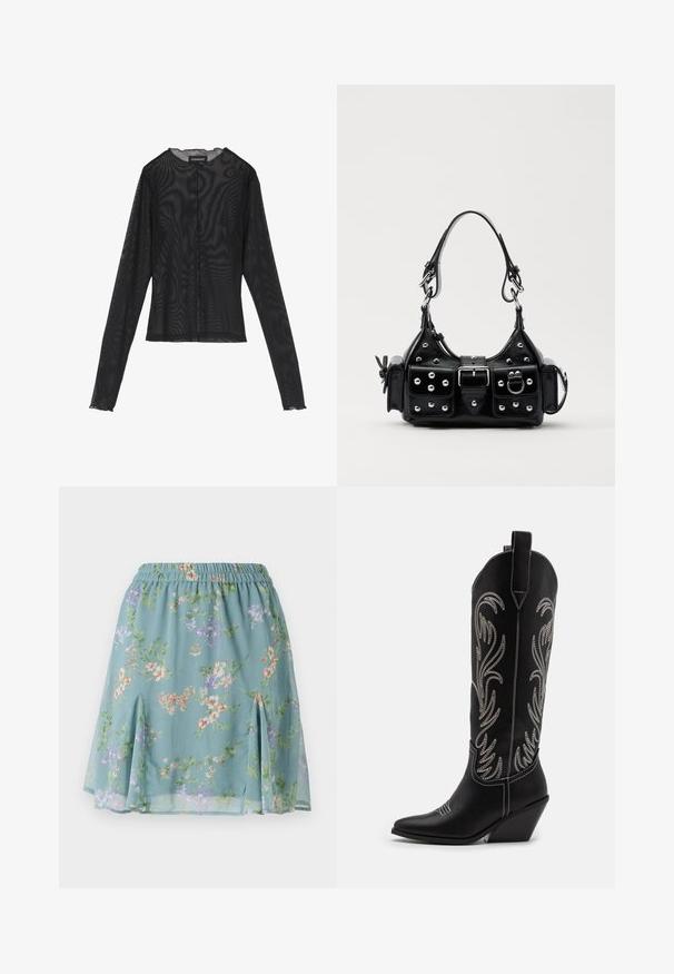Top noir à manches longues en tissu transparent, avec un col rond, une fermeture à boutons sur le devant et des bords festonnés aux poignets.; Jupe fluide et légère de couleur bleu clair, ornée d'un motif floral dans des nuances de violet, orange et vert ; taille élastique ; fentes sur les côtés au niveau de l'ourlet.; Bottes de cowboy noires en cuir avec des pointes effilées, des talons compensés et des motifs floraux brodés en argent le long du tige. Couture contrastante sur l'ensemble.; Sac à main en cuir noir au design courbé, avec des clous en argent, une boucle et deux poches latérales. Bandoulière réglable pour différentes options de transport.