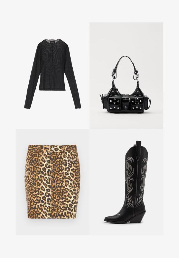 Černý dlouhý rukáv top vyrobený z průsvitné tkaniny, s kulatým výstřihem, předním zapínáním na knoflíky a zvlněnými okraji na manžetách.; Džínová mini sukně s leopardím potiskem v hnědých a béžových odstínech, se zapínáním na knoflíky vpředu a dvěma bočními kapsami.; Černé kožené kovbojské boty s špičatými špičkami, podpatky ve tvaru klínu a stříbrně vyšívanými květinovými vzory po celé délce. Kontrastní prošívání po celém obvodu.; Černá kožená kabelka s křivkovým designem, zdobená stříbrnými hřebíky, s přezkou a dvěma bočními kapsami. Nastavitelný popruh pro různé možnosti nošení.