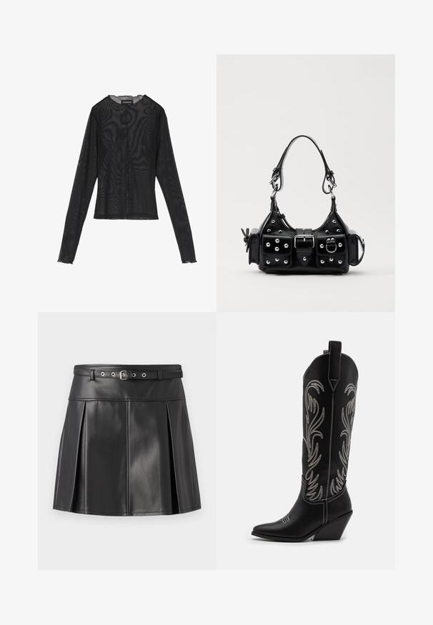 Crni top dugih rukava od prozirnog materijala, s okruglim izrezom, prednjim kopčanjem na gumbe i valovitim rubovima na manžetama.; Crna plisirana suknja od umjetne kože, sa pripijenim pojasom koji ima remen i srebrne metalne detalje. Glatka tekstura.; Crne kožne kauboj čizme s šiljastim prstima, klinastim potpeticama i srebrnim izvezenim cvjetnim uzorcima duž osovine. Kontrastni šavovi posvuda.; Crna kožna torba s zakrivljenim dizajnom, koja sadrži srebrne zakovice, kopču i dva bočna džepa. Podesiva traka za različite opcije nošenja.