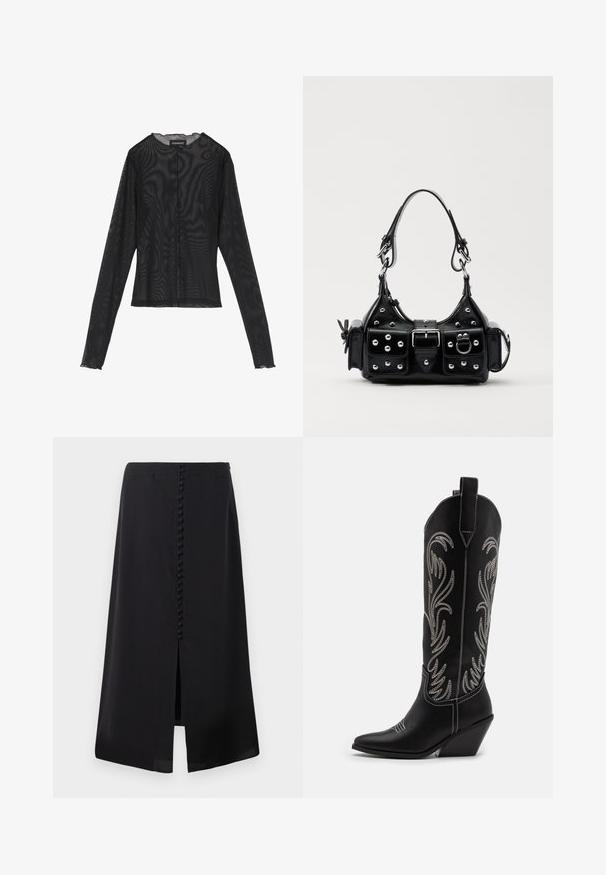 Zwarte lange mouw top gemaakt van doorzichtig materiaal, met een ronde halslijn, een knoopsluiting aan de voorkant en golvende randen bij de mouwen.; Zwarte midi-jurk gemaakt van soepele stof, met een voren split en een rij kleine knopen langs de achterkant voor detail.; Zwarte leren cowboylaarzen met spitse neuzen, wiggenhakken en zilver geborduurde bloemmotieven langs de schacht. Contrasterende stiksels overal.; Zwarte lederen handtas met een gebogen ontwerp, voorzien van zilveren studs, een gesp en twee zijvakken. Verstelbare schouderband voor verschillende draagmogelijkheden.