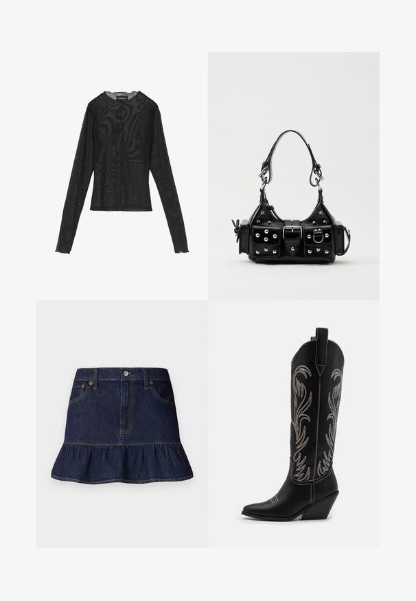 Musta pikkade varrukatega ülemus, mis on valmistatud läbipaistvast kangast, ümmarguse kaeluse, esise nuppluku ja laineliste servadega varrukatel.; Tume teksaskleed, millel on volangiga äär, viie tasku disain, vöökoha silmadega ja eesne nupu sulgemine. Sile tekstuur ja sirge lõige.; Mustad mustad nahast cowboy saapad terava ninaga, vööndkanna ja hõbedaste tikanditega lillemustritega varred. Kontrastõmblused üle kogu.; Must värvi nahast käekott, millel on kaarjas disain, hõbedased nupukesed, kinnitusahe ja kaks külgtaskut. Reguleeritav rihm erinevate kandmisvõimaluste jaoks.