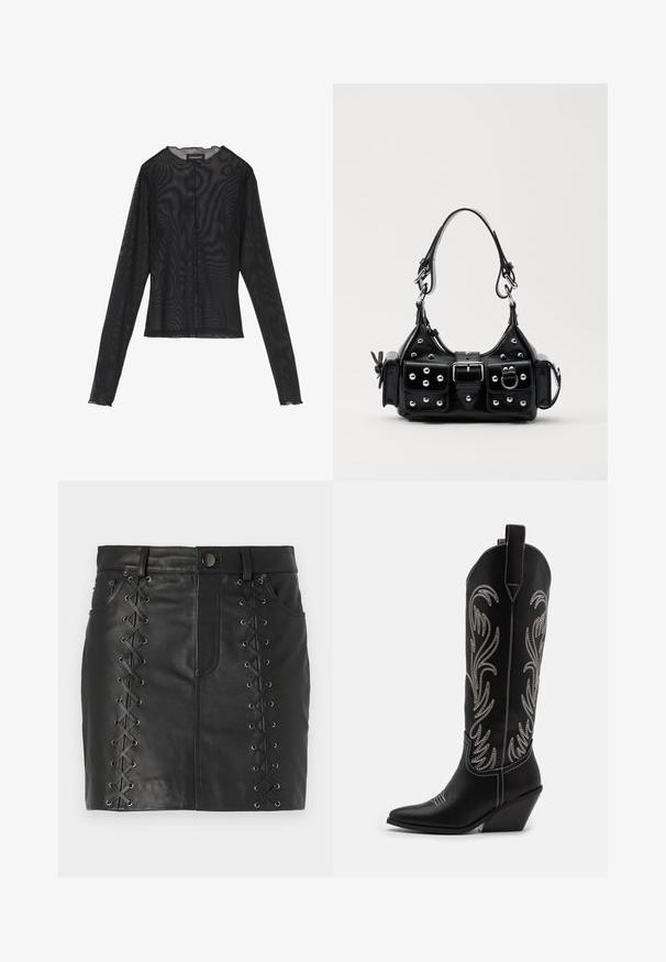 Crni top dugih rukava od prozirnog materijala, s okruglim izrezom, prednjim kopčanjem na gumbe i valovitim rubovima na manžetama.; Crna kožna mini suknja s vezivanjem sa strane uz metalne rupice, dizajn od pet džepova i uski kroj.; Crne kožne kauboj čizme s šiljastim prstima, klinastim potpeticama i srebrnim izvezenim cvjetnim uzorcima duž osovine. Kontrastni šavovi posvuda.; Crna kožna torba s zakrivljenim dizajnom, koja sadrži srebrne zakovice, kopču i dva bočna džepa. Podesiva traka za različite opcije nošenja.