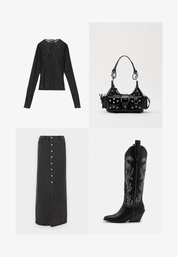 Zwarte lange mouw top gemaakt van doorzichtig materiaal, met een ronde halslijn, een knoopsluiting aan de voorkant en golvende randen bij de mouwen.; Lang zwarte denimrok met een sluiting aan de voorkant met knopen, riemlussen en zijzakken. Glad textiel met een rechte silhouet en een lichte split.; Zwarte leren cowboylaarzen met spitse neuzen, wiggenhakken en zilver geborduurde bloemmotieven langs de schacht. Contrasterende stiksels overal.; Zwarte lederen handtas met een gebogen ontwerp, voorzien van zilveren studs, een gesp en twee zijvakken. Verstelbare schouderband voor verschillende draagmogelijkheden.