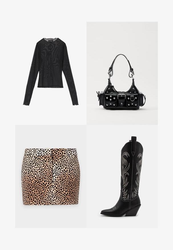 Top nero a maniche lunghe realizzato in tessuto trasparente, con scollatura rotonda, chiusura frontale con bottoni e bordi ondulati ai polsini.; Gonna in stampa leopardata con forma aderente, sfondo beige e macchie nere. Presenta una vita piatta e dettagli in plissè discreti sul retro.; Stivali da cowboy in pelle nera con punte affusolate, tacchi a zoccolo e motivi floreali ricamati in argento lungo il gambale. Cuciture a contrasto in tutto lo stivale.; Borsa a mano in pelle nera con design curvo, caratterizzata da borchie argentate, una fibbia e due tasche laterali. Tracolla regolabile per diverse opzioni di trasporto.