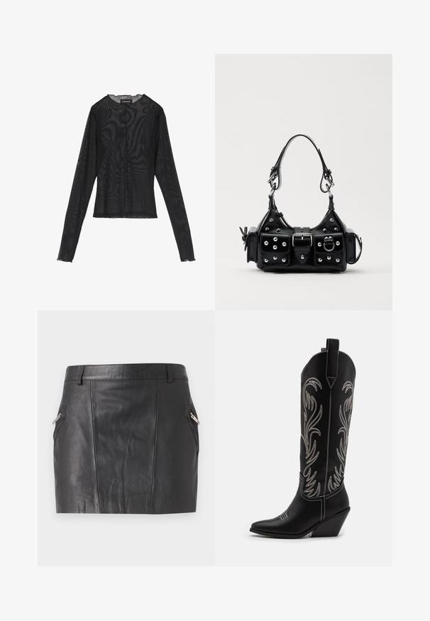 Bluză neagră cu mâneci lungi, realizată din țesătură transparentă, cu un gât rotund, închidere cu butoane pe față și margini de tip evazat la manșete.; Fustă mini din piele neagră cu o textură netedă, având buzunare laterale înclinate cu fermoare metalice și un design ajustat.; Bocanci de cowboy din piele neagră, cu vârfuri ascuțite, toc wedge și modele florale brodate cu fir argintiu de-a lungul tijei. Cusături în contrast pe întreaga suprafață.; Geantă de piele neagră cu un design curbat, dotată cu studuri argintii, o cataramă și două buzunare laterale. Curea ajustabilă pentru opțiuni de transport.