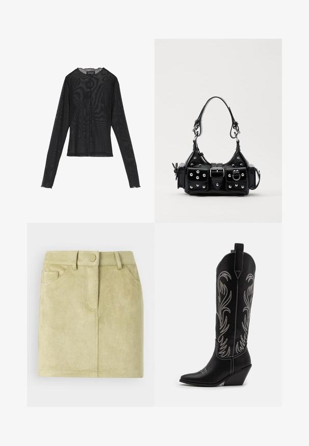Top noir à manches longues en tissu transparent, avec un col rond, une fermeture à boutons sur le devant et des bords festonnés aux poignets.; Jupe mini en daim de couleur vert clair. Dotée d'une taille cintrée, de deux poches avant et d'une fermeture avant avec un bouton rond. Texture douce.; Bottes de cowboy noires en cuir avec des pointes effilées, des talons compensés et des motifs floraux brodés en argent le long du tige. Couture contrastante sur l'ensemble.; Sac à main en cuir noir au design courbé, avec des clous en argent, une boucle et deux poches latérales. Bandoulière réglable pour différentes options de transport.