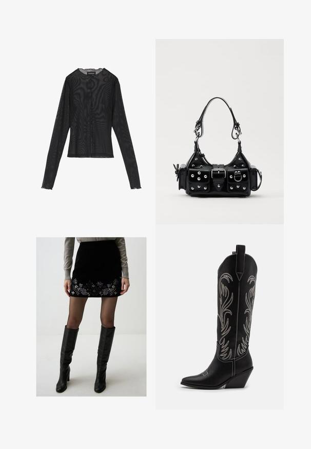 Czarna bluzka z długim rękawem, wykonana z przezroczystego materiału, z okrągłym dekoltem, zapięciem na guziki z przodu oraz falbAniastymi brzegami rękawów.; Czarna welurowa mini spódnica z kwiatowym haftem na dolnym brzegu, w połączeniu z czarnymi skórzanymi botkami do kolan i przezroczystymi czarnymi rajstopami.; Czarne skórzane kowbojskie buty z wydłużonymi noskami, obcasem typu koturn oraz srebrnymi haftowanymi wzorami kwiatowymi wzdłuż cholewy. Kontrastowe szwy na całej długości.; Czarna skórzana torebka w zakrzywionym kształcie, z srebrnymi ćwiekami, klamrą i dwoma bocznymi kieszeniami. Regulowany pasek umożliwiający różne opcje noszenia.