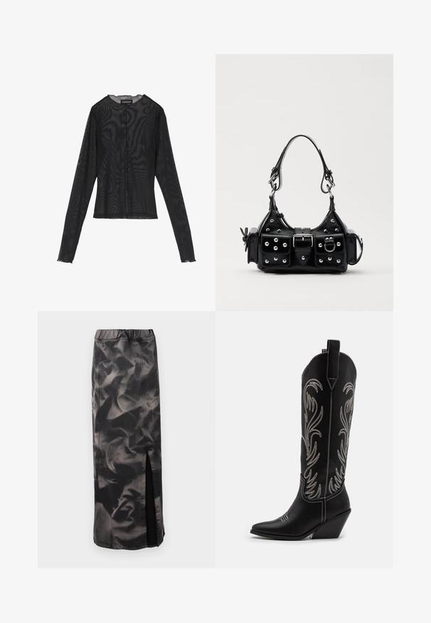 Bluză neagră cu mâneci lungi, realizată din țesătură transparentă, cu un gât rotund, închidere cu butoane pe față și margini de tip evazat la manșete.; Fustă neagră cu o textură lucioasă, plisată și slit lateral. Are o talie elastică și detalii cu cusături vizibile.; Bocanci de cowboy din piele neagră, cu vârfuri ascuțite, toc wedge și modele florale brodate cu fir argintiu de-a lungul tijei. Cusături în contrast pe întreaga suprafață.; Geantă de piele neagră cu un design curbat, dotată cu studuri argintii, o cataramă și două buzunare laterale. Curea ajustabilă pentru opțiuni de transport.