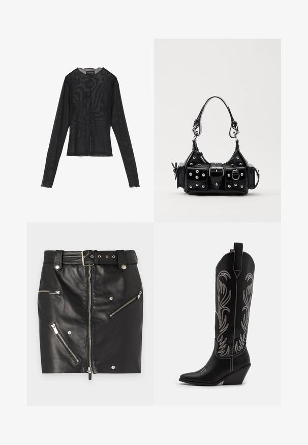 Zwarte lange mouw top gemaakt van doorzichtig materiaal, met een ronde halslijn, een knoopsluiting aan de voorkant en golvende randen bij de mouwen.; Zwarte leren minirok met een ritssluiting aan de voorkant, meerdere ritstasjes, een riem met een gesp en accenten van zilverkleurig metaal.; Zwarte leren cowboylaarzen met spitse neuzen, wiggenhakken en zilver geborduurde bloemmotieven langs de schacht. Contrasterende stiksels overal.; Zwarte lederen handtas met een gebogen ontwerp, voorzien van zilveren studs, een gesp en twee zijvakken. Verstelbare schouderband voor verschillende draagmogelijkheden.