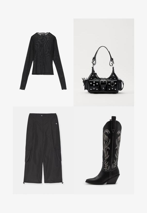 Schwarzes Langarmoberteil aus transparenter Stoff, mit rundem Halsausschnitt, vorderem Knopfverschluss und gewellten Kanten an den Ärmelbündchen.; Schwarze Cargo-Hosen aus leichtem Stoff mit Seitentaschen, einem verstellbaren Kordelzug am Saum und einem Knopfverschluss.; Schwarze Leder-Cowboy-Stiefel mit spitzen Zehen, Keilabsätzen und silbernen, gestickten Blumenmustern entlang des Schafts. Kontrastnähte über das gesamte Design.; Schwarze Lederhandtasche mit einem geschwungenen Design, verziert mit silbernen Nieten, einer Schnalle und zwei seitlichen Taschen. Verstellbarer Träger für verschiedene Tragemöglichkeiten.