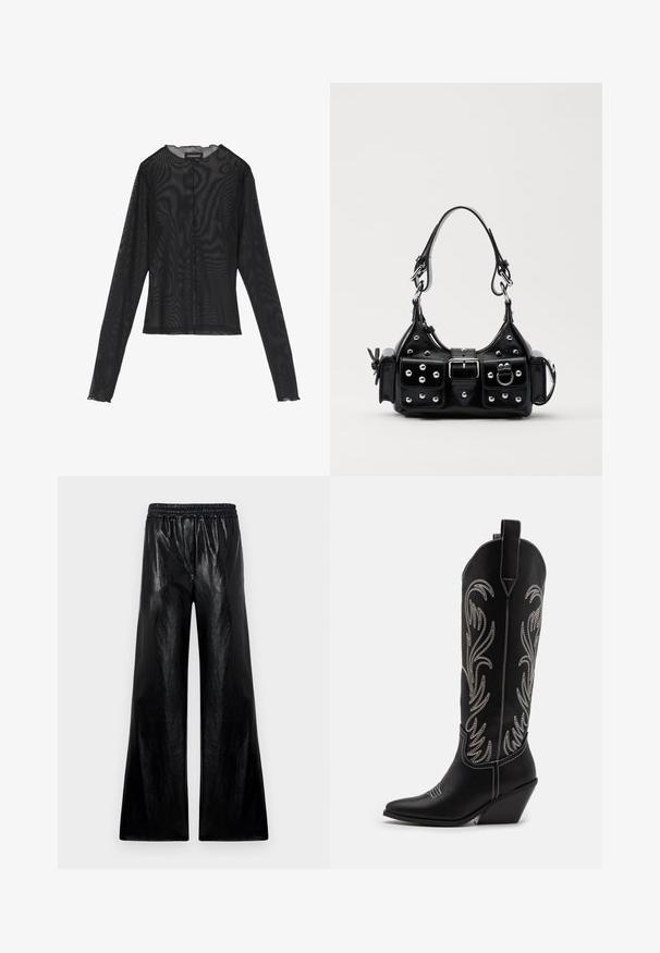 Top noir à manches longues en tissu transparent, avec un col rond, une fermeture à boutons sur le devant et des bords festonnés aux poignets.; Pantalons larges en matériau noir brillant avec une taille élastiquée. Le tissu présente une texture lisse et un léger éclat.; Bottes de cowboy noires en cuir avec des pointes effilées, des talons compensés et des motifs floraux brodés en argent le long du tige. Couture contrastante sur l'ensemble.; Sac à main en cuir noir au design courbé, avec des clous en argent, une boucle et deux poches latérales. Bandoulière réglable pour différentes options de transport.