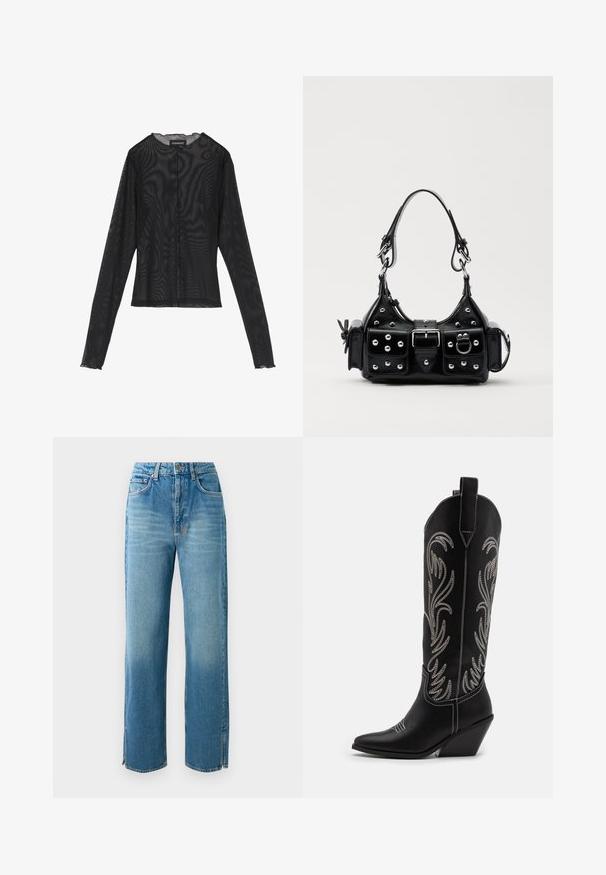Črna dolga majica z dolgimi rokavi, izdelana iz prosojnega materiala, z okroglim izrezom, gumbnim zapiranjem spredaj in valovitimi robovi na manšetah.; Svijetloplave traperice s visokim strukom, ravnim nogavicama i bočnim prorezima na rubu. Imaju tradicionalni dizajn s pet džepova i zatvaranje na dugme.; Črne usnjene kavbojske čevlje s koničastimi prsti, klinastimi petami in srebrnimi vezeninami cvetnega vzorca po vsej dolžini. Kontrastno šivanje povsod.; Črna usnjena torbica s ukrivljenim dizajnom, ki vsebuje srebrne žebljičke, zaponko in dve stranski žepki. Nastavljiv trak za različne možnosti nošenja.